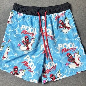 Marvel Deadpool Pool Party Swim Trunks Mens Large Blue Unicorn Board Shorts